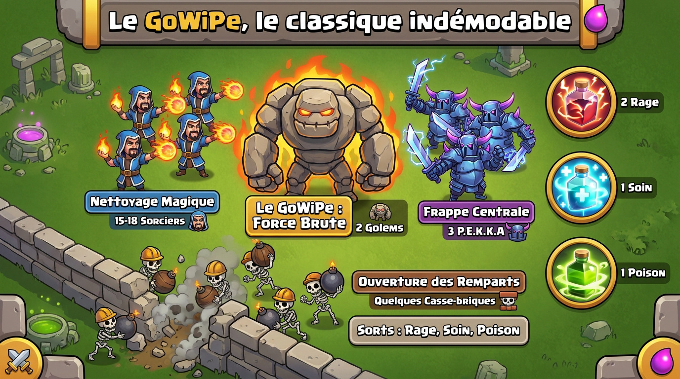 Attaque GoWiPe avec Golems et Sorciers sur un village HDV 8
