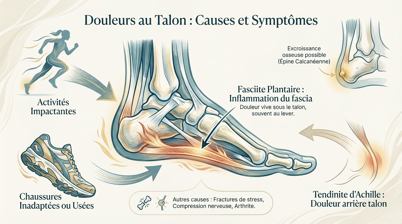 Illustration des différentes zones de douleur au talon et au pied