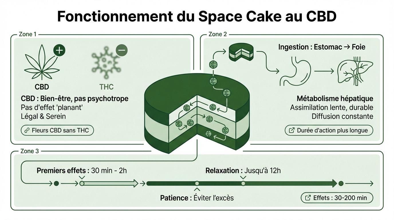 Infographie expliquant le métabolisme hépatique et la digestion du space cake au CBD