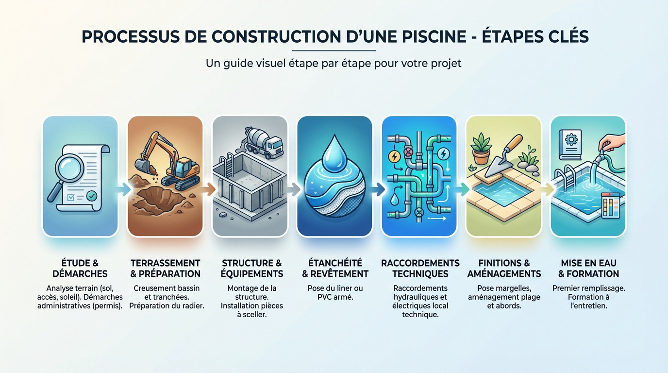 Schéma des étapes clés de construction d'une piscine : terrassement, structure et mise en eau