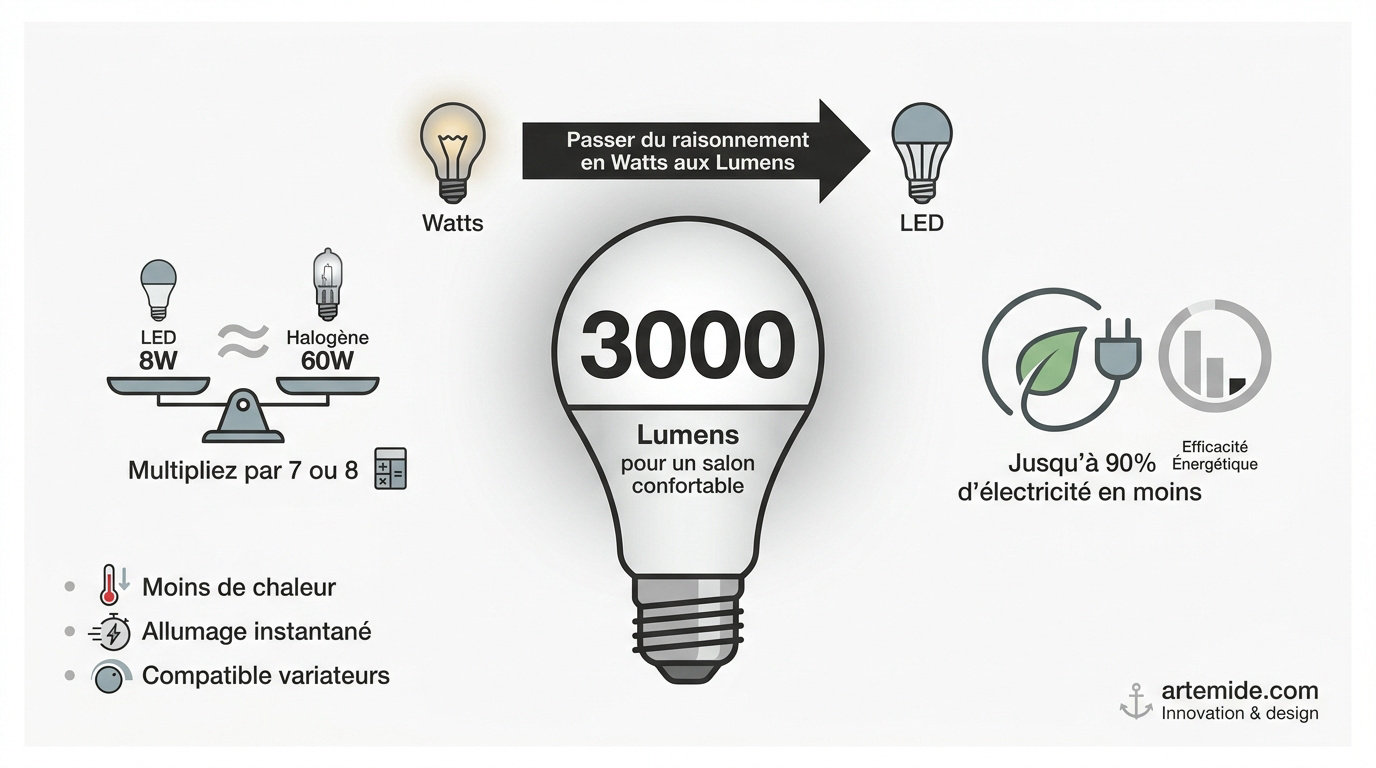 Schéma explicatif pour comparer les lumens et les watts des ampoules LED