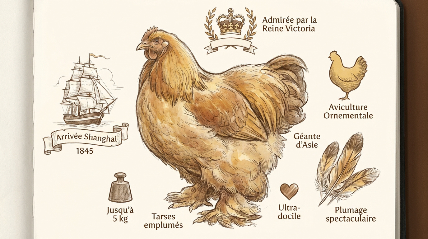 Infographie présentant les caractéristiques physiques et l'origine de la poule Cochin