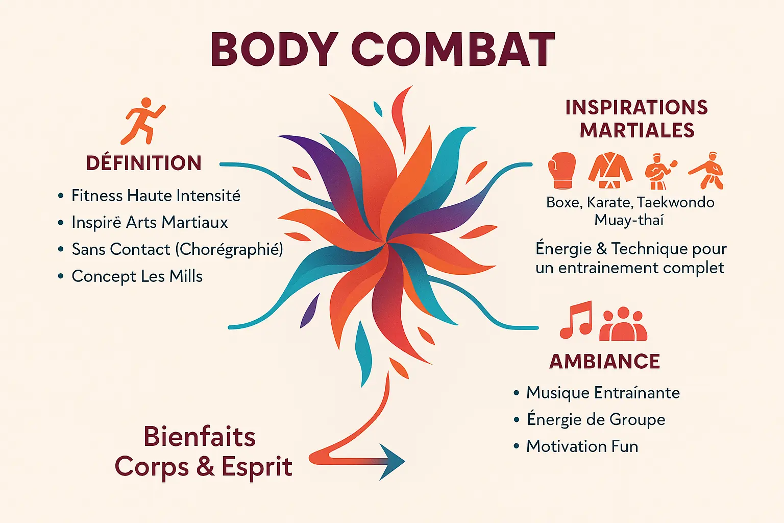 Groupe de personnes en plein cours de Body Combat, effectuant des mouvements dynamiques.