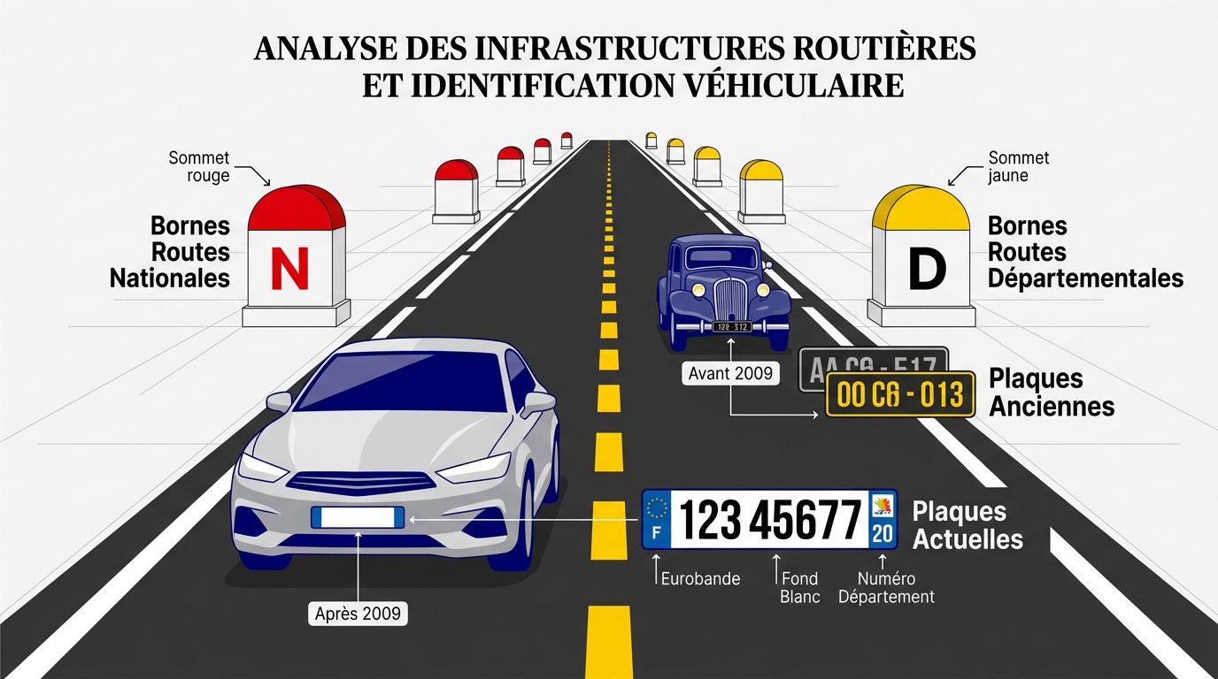 Bornes kilométriques rouges et plaques d'immatriculation françaises pour identifier la France sur GeoGuessr