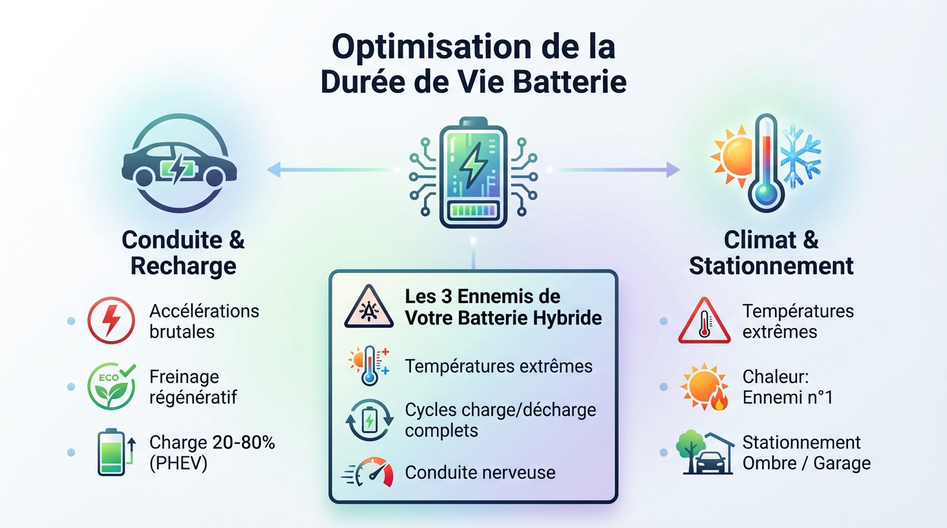 Schéma illustrant l'impact de la température et de la charge sur une batterie hybride