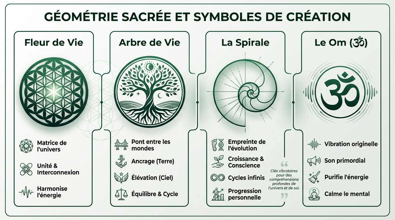 Illustration de la géométrie sacrée incluant la Fleur de Vie et l'Arbre de Vie
