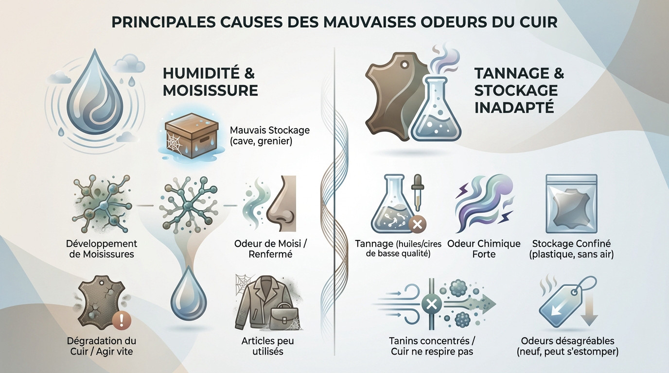 Schéma illustrant les causes principales des mauvaises odeurs sur le cuir : humidité, tannage et stockage