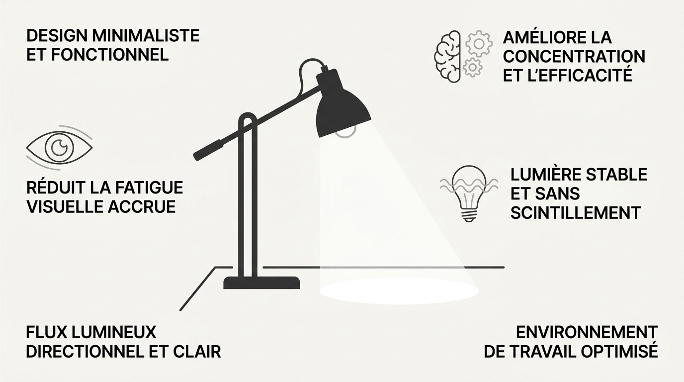 Infographie expliquant les bienfaits d'une lampe de bureau sur le bien-être et la santé visuelle