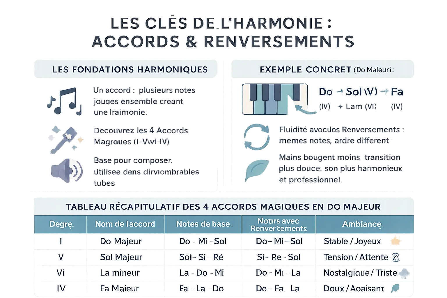 Illustration des accords et renversements au piano
