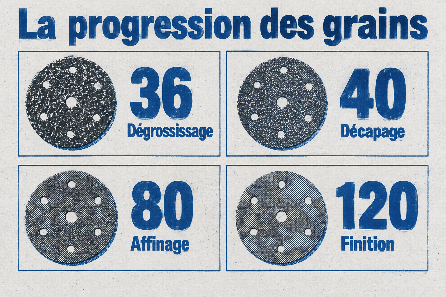 Quatre grains successifs : P36 dégrossissage, P40 décapage, P80 affinage, P120 finition.