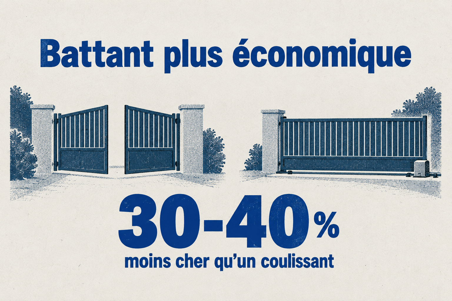 Un portail battant coûte 30 à 40 % moins cher qu'un portail coulissant à dimensions égales.