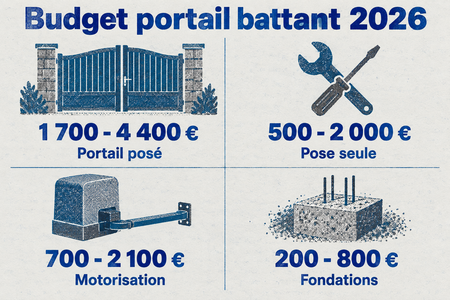 Le budget d'un portail battant sans pilier se décompose en quatre postes : portail posé 1 700-4 400 €, pose seule 500-2 000 €, motorisation 700-2 100 € et fondations 200-800 €.
