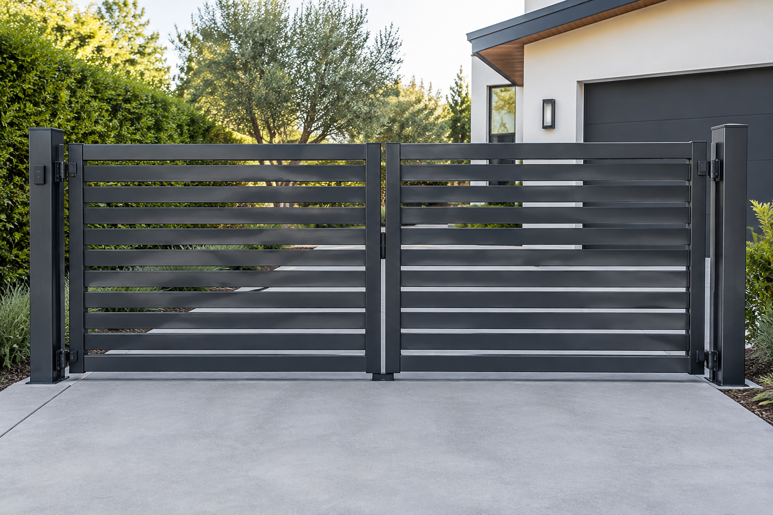 Portail battant aluminium moderne fixé sur des poteaux métalliques sans piliers maçonnés, à l'entrée d'une maison.