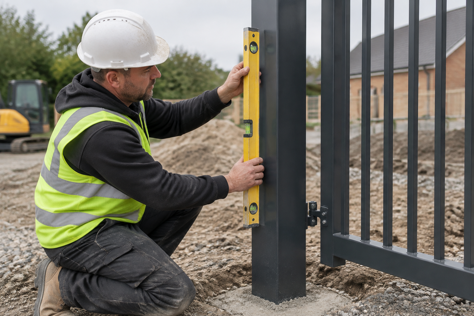 Installateur vérifiant l'aplomb d'un poteau de portail avec un niveau à bulle sur le chantier.