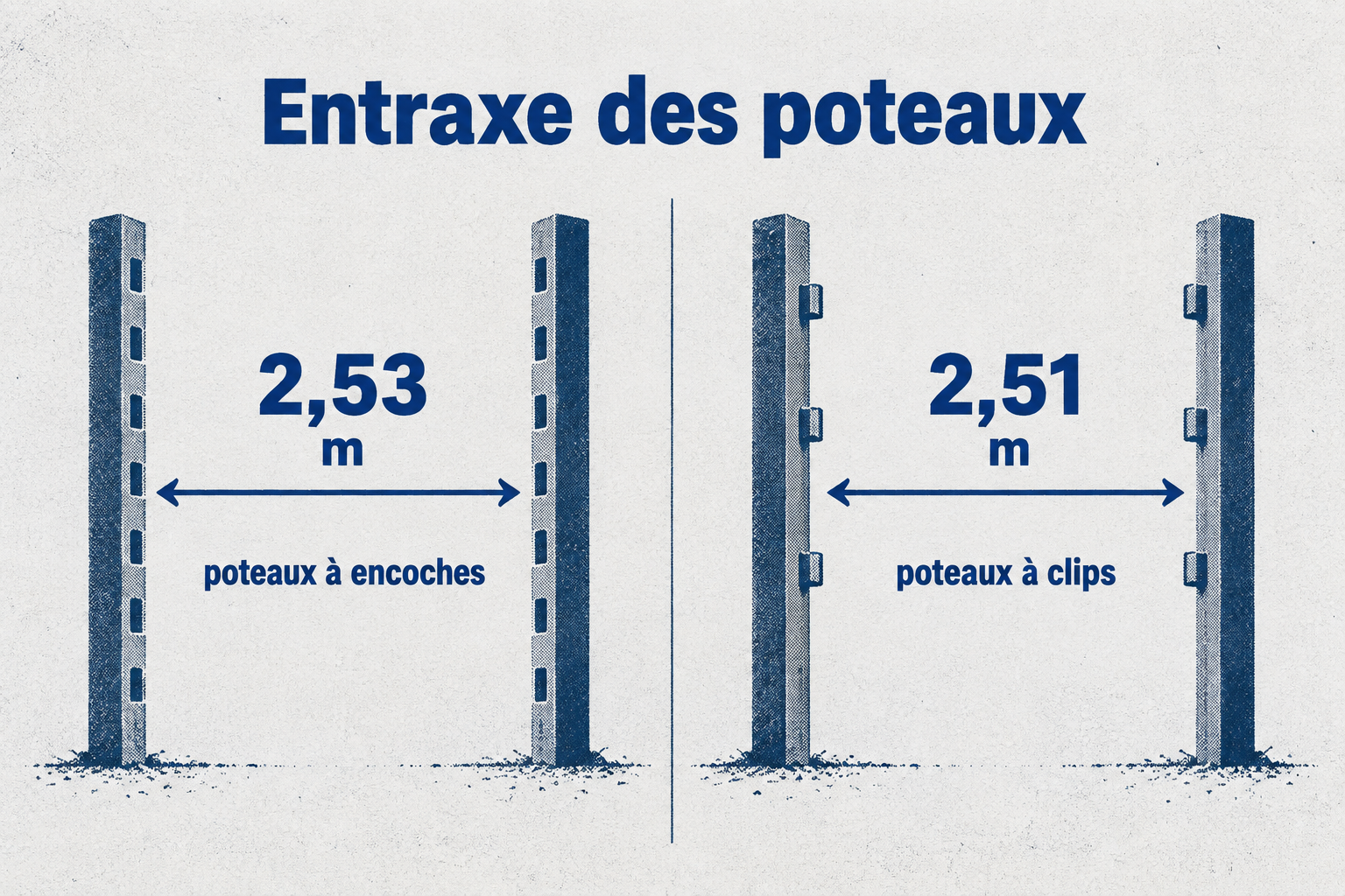 L'entraxe entre deux poteaux est de 2,53 mètres avec des poteaux à encoches, et de 2,51 mètres avec des poteaux à clips.