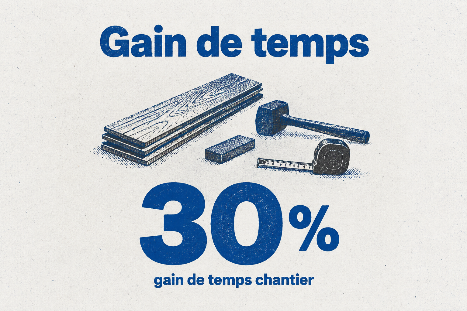 Une infographie indique que poser un parquet sans retirer les plinthes fait gagner 30 % de temps sur le chantier.