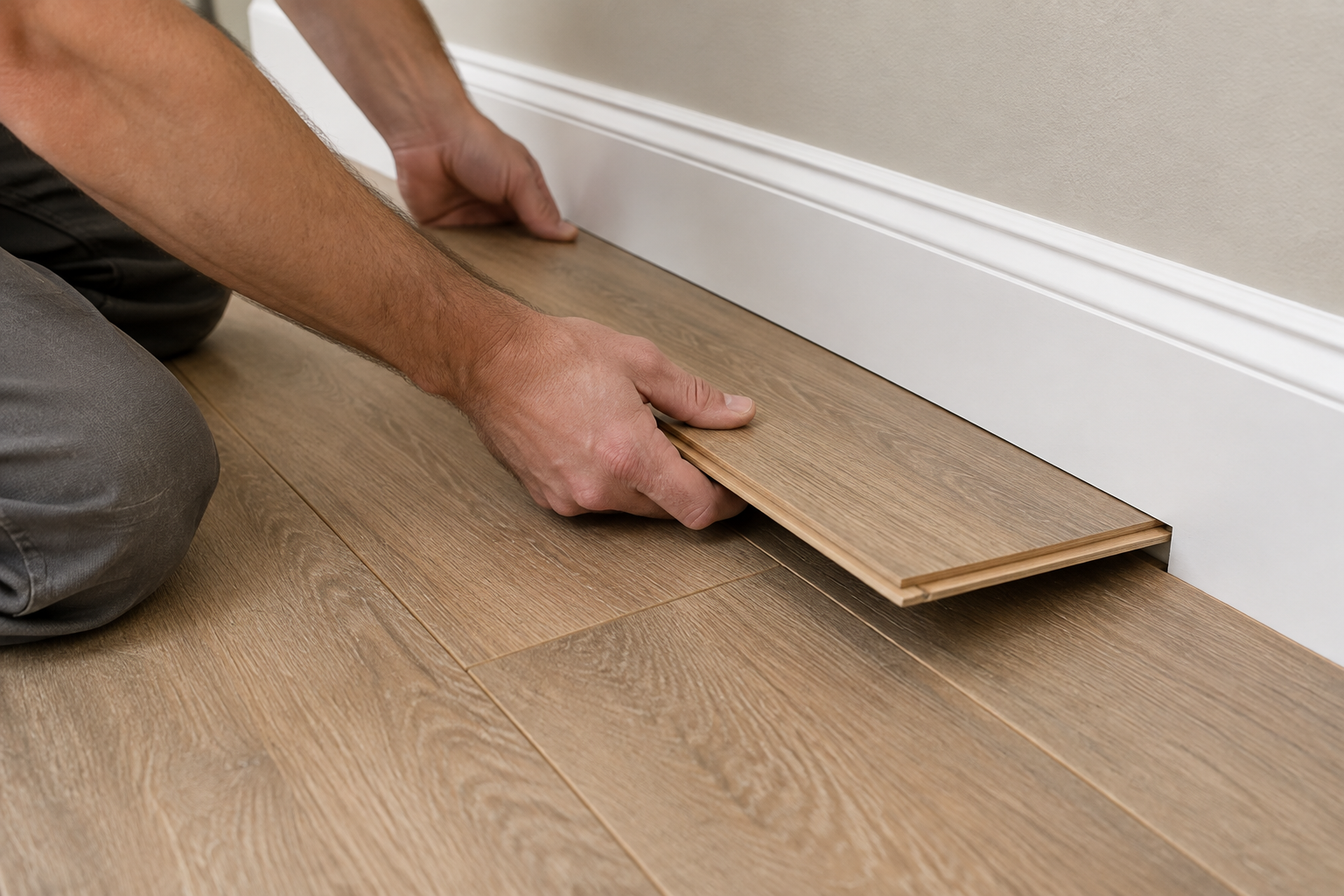 Pose d'une lame de parquet flottant glissée sous une plinthe existante