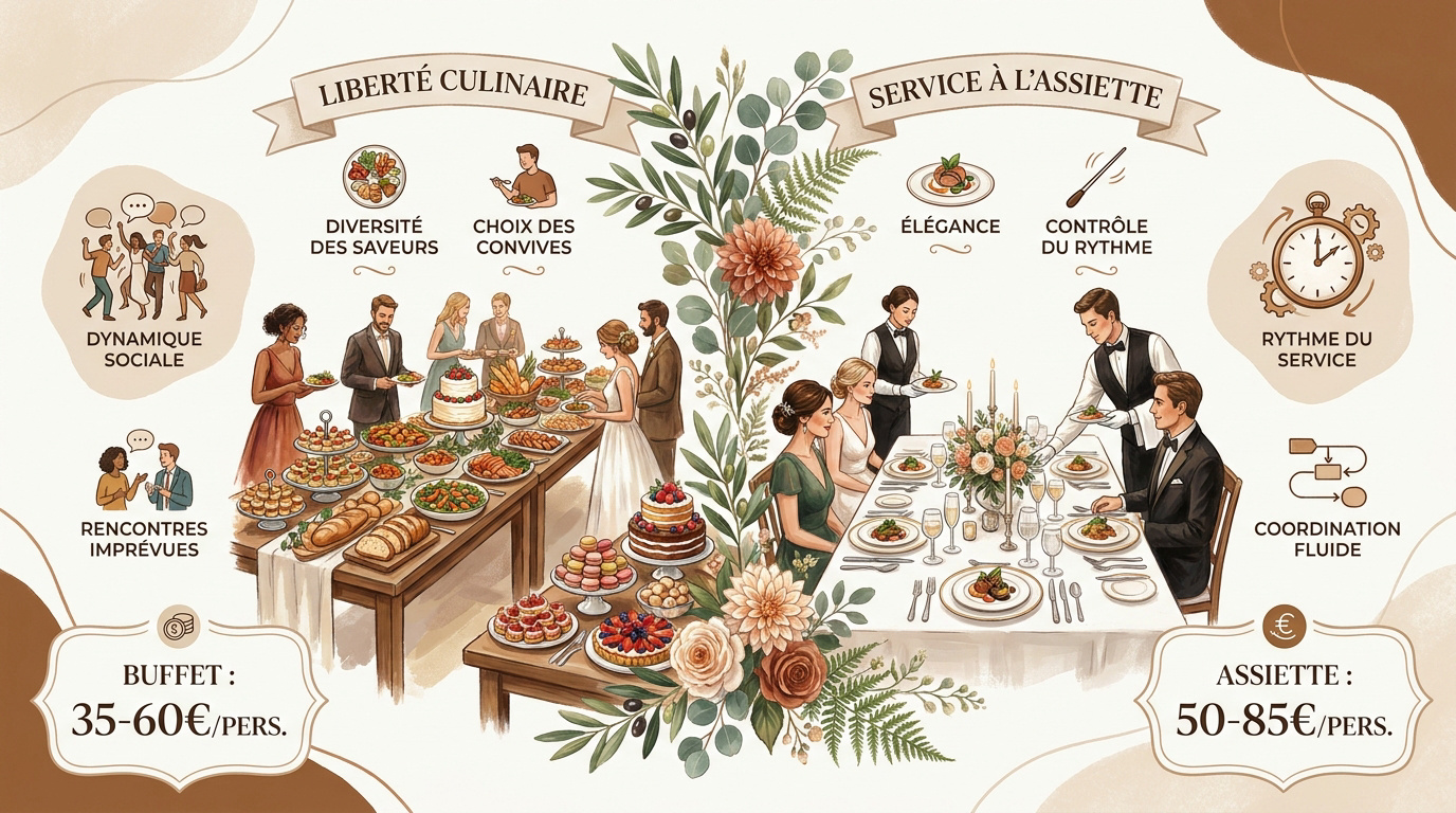 Présentation élégante d'un buffet de mariage avec variété de mets et décoration florale