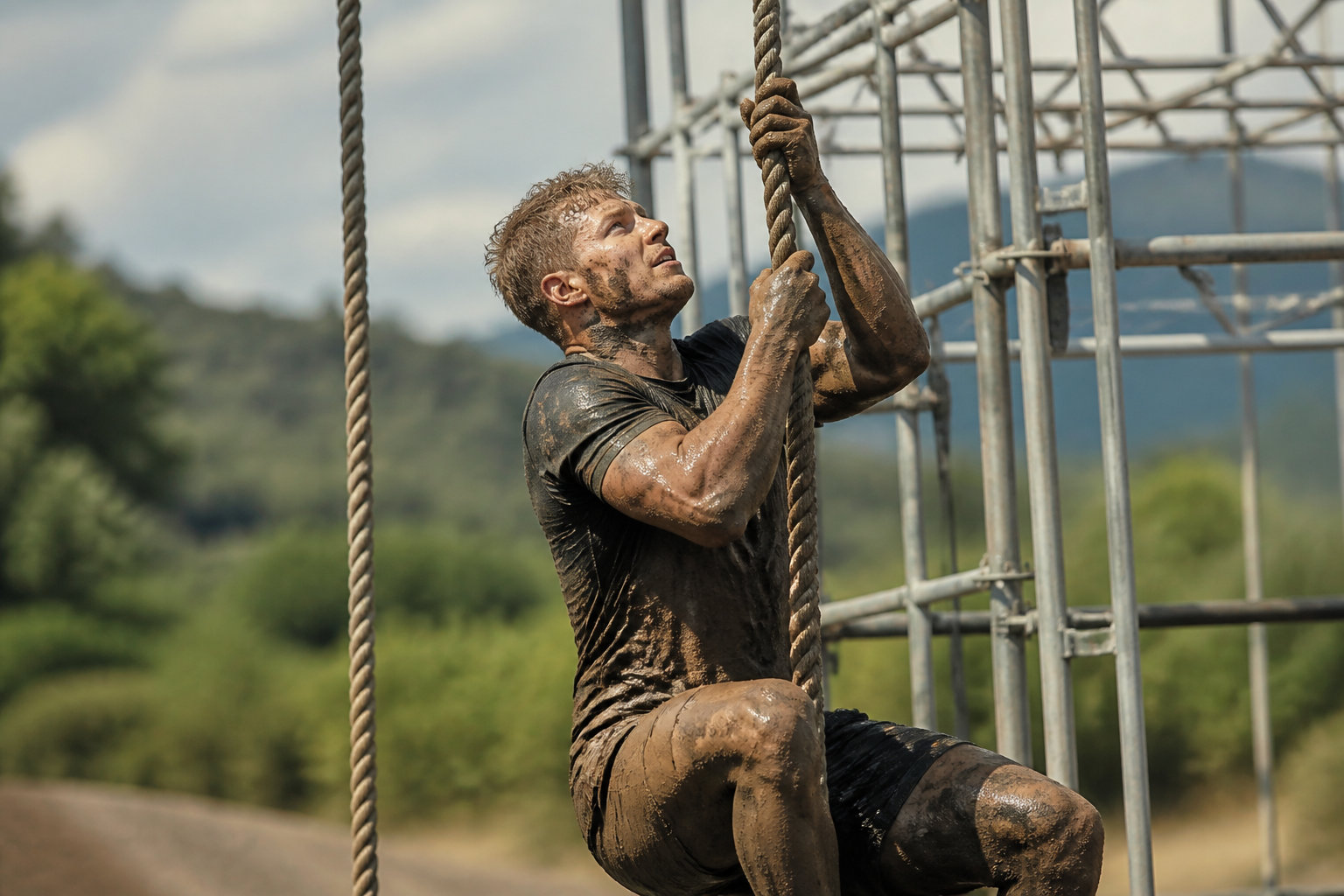 Athlète qui grimpe une corde sous la pluie lors d'une Spartan Race
