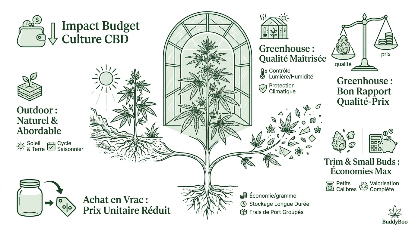 Comparatif des modes de culture CBD outdoor greenhouse et indoor selon le prix et la qualité