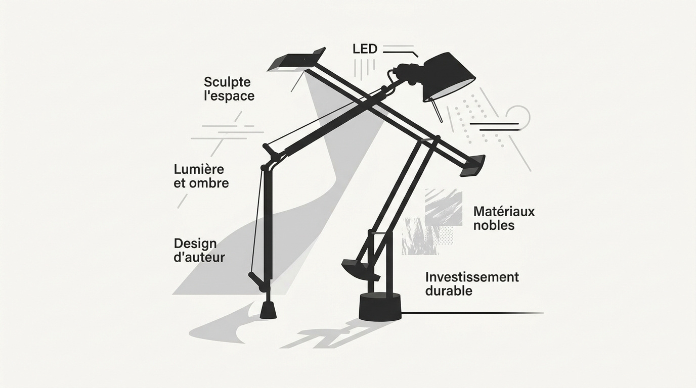 Lampe design iconique en métal et verre diffusant une lumière douce dans un intérieur moderne