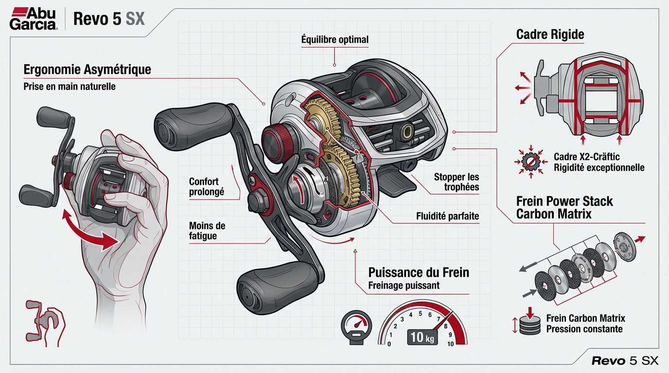 Infographie technique du moulinet Abu Garcia Revo 5 SX montrant le bâti asymétrique et les composants internes
