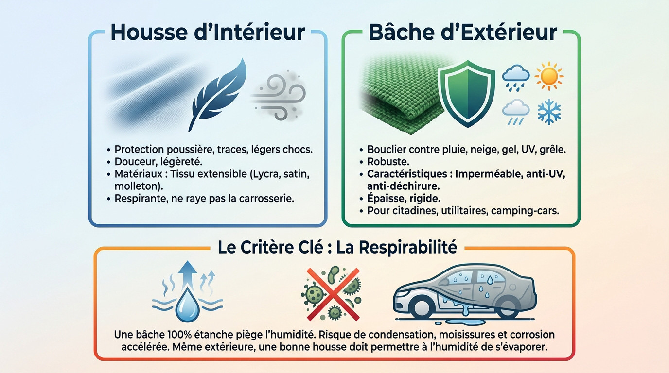 Infographie comparative pour choisir entre une housse intérieure et une bâche extérieure