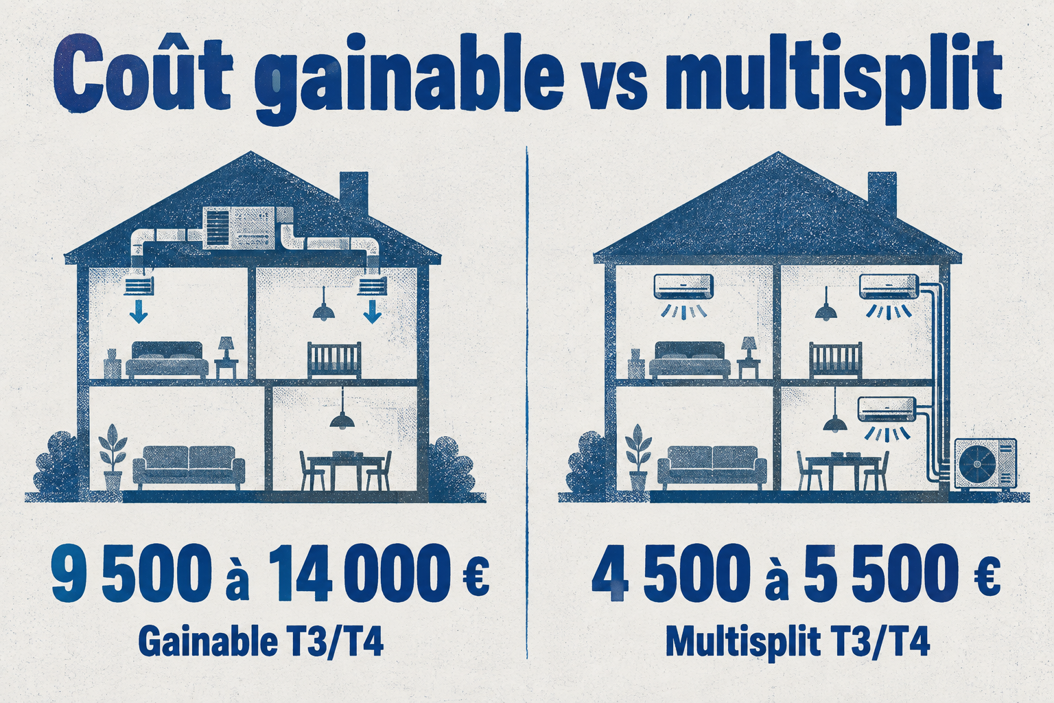 Compare le coût posé d'un gainable (9 500 à 14 000 €) à celui d'un multisplit (4 500 à 5 500 €) pour un T3/T4.