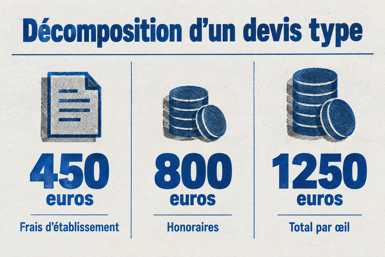 Décomposition d'un devis type : frais d'établissement 450 €, honoraires du chirurgien 800 €, total par œil 1250 €, pour deux yeux 2500 €.