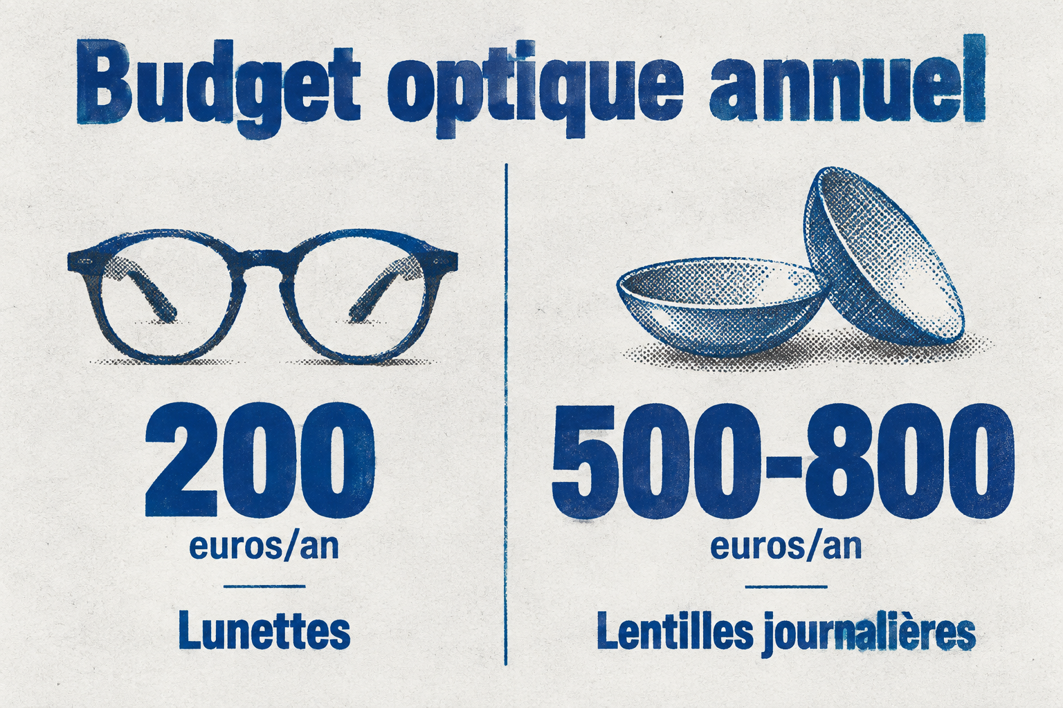 Dépenses optiques annuelles comparées : environ 200 € pour des lunettes, contre 500 à 800 € pour des lentilles journalières.