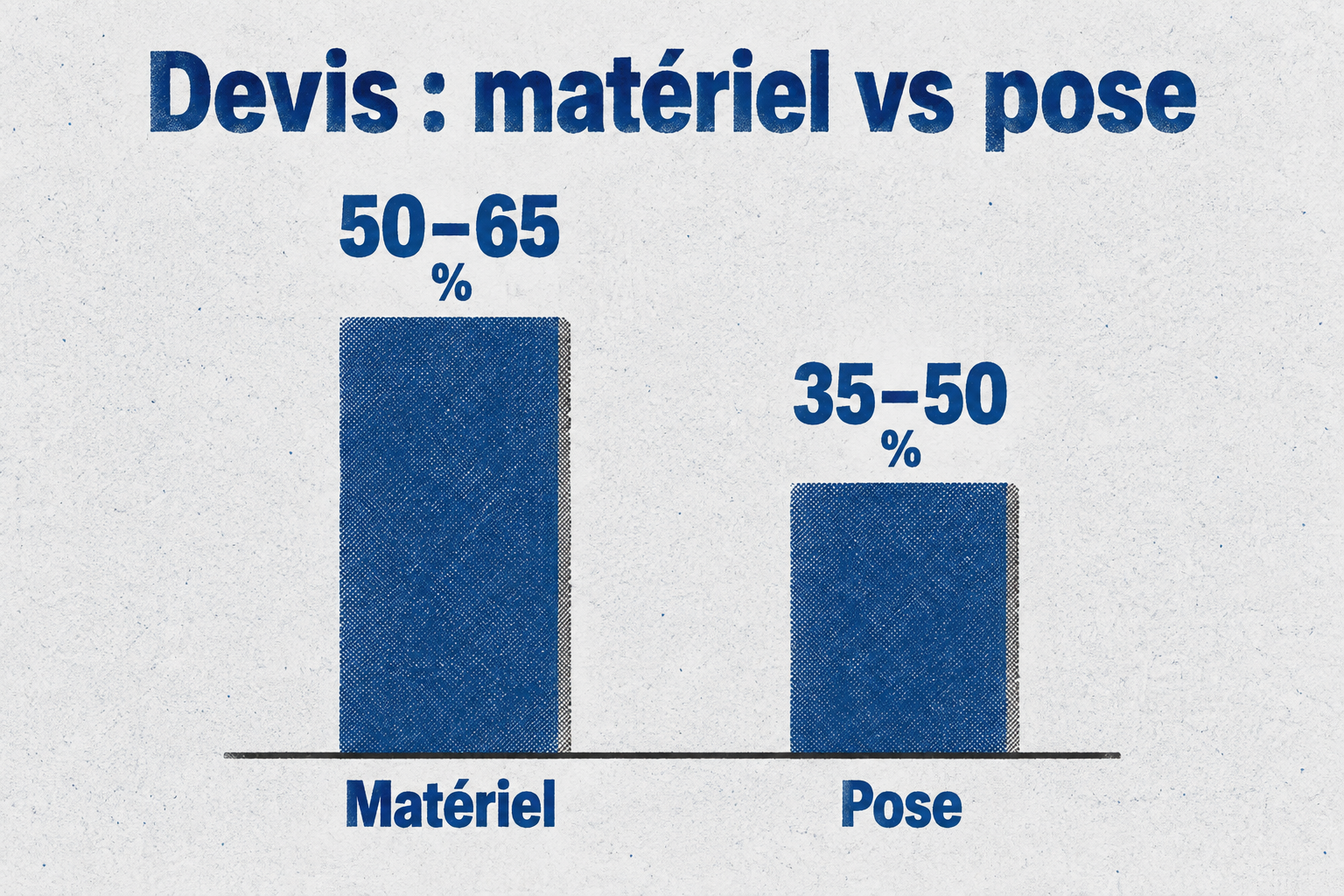 Répartition d'un devis type de VMC hygroréglable : matériel 50 à 65 %, pose 35 à 50 % du coût total.