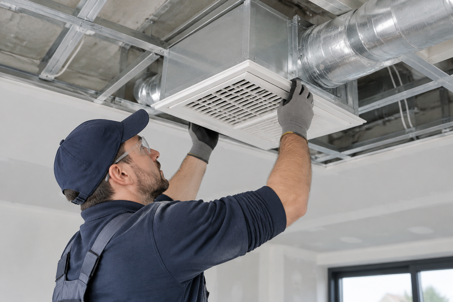 Technicien installant une VMC dans des combles