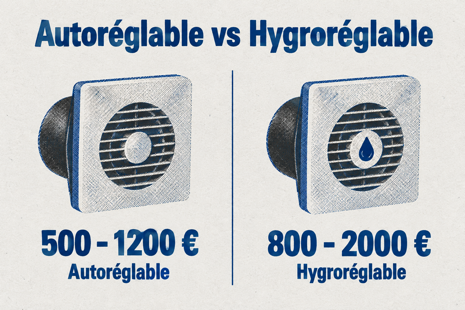 Une comparaison entre la VMC autoréglable (500-1200 €) et la VMC hygroréglable (800-2000 €) est présentée dans deux blocs symétriques.