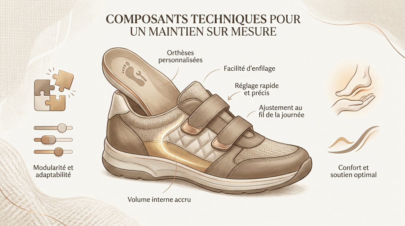 Détails techniques d'une chaussure orthopédique pour femme aux pieds larges