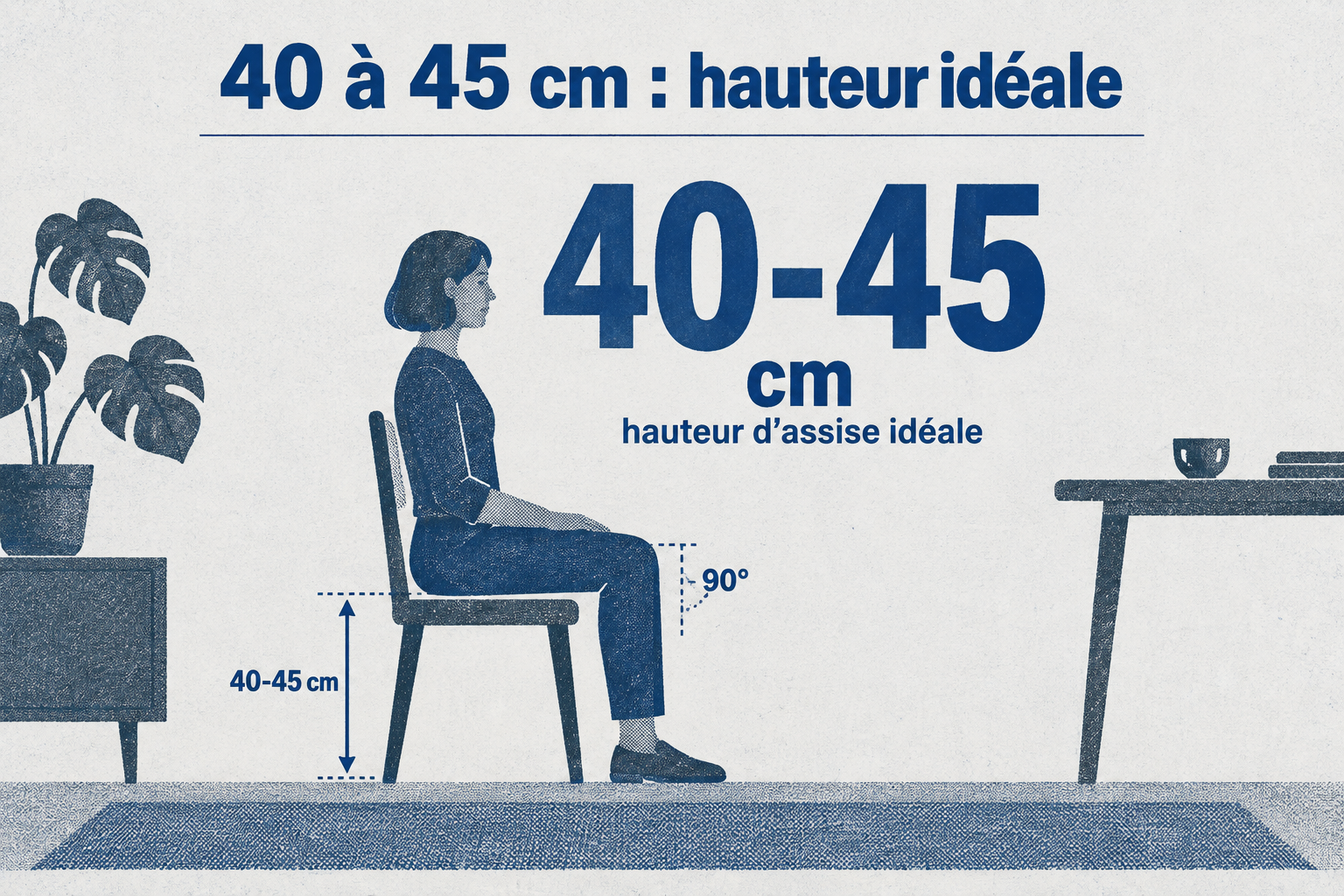 L'infographie affiche une hauteur d'assise idéale de 40 à 45 cm, mesurée du sol au-dessus du coussin, permettant de garder les pieds à plat.