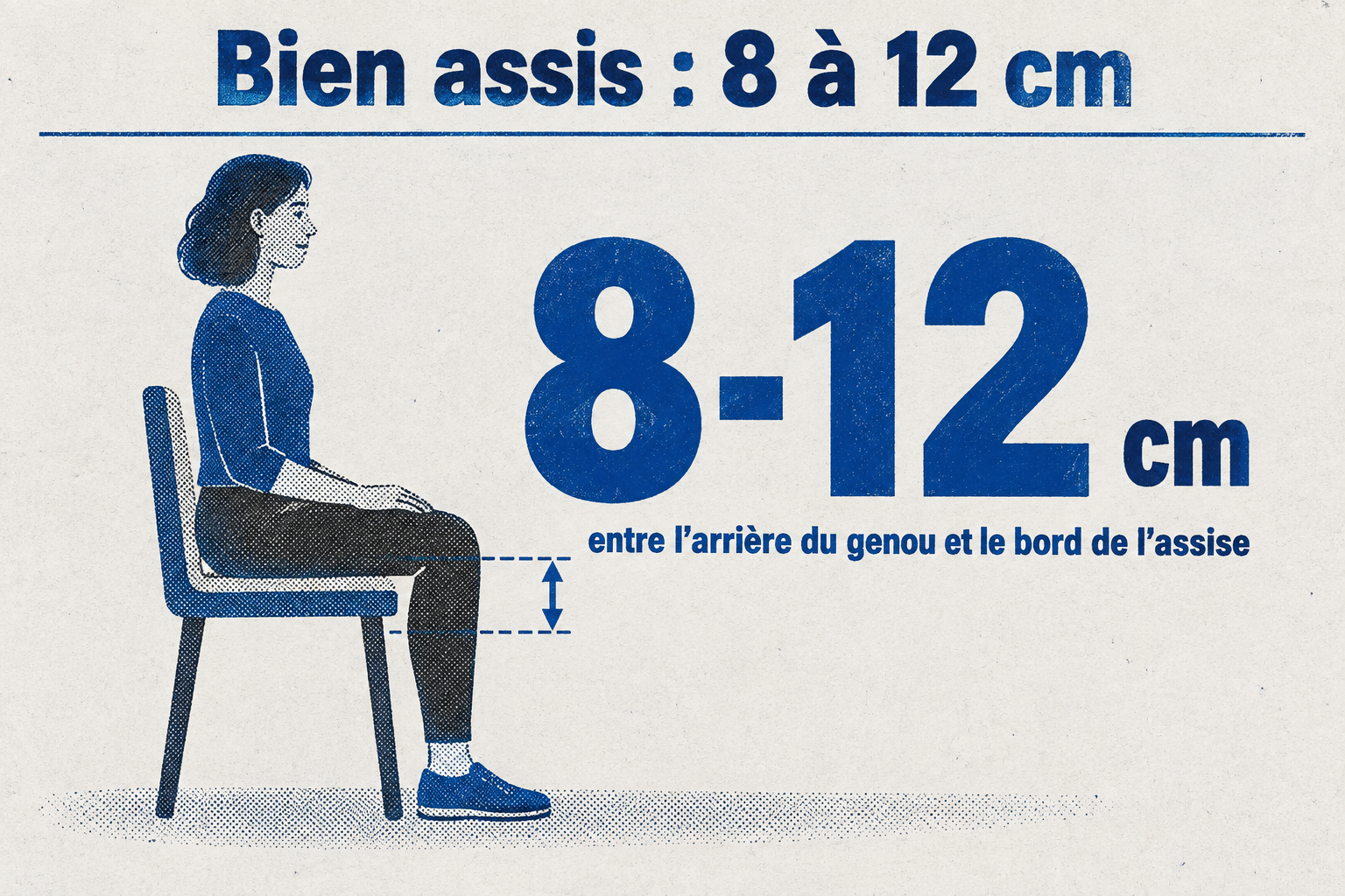 L'infographie indique qu'au test en magasin, il faut garder 8 à 12 cm entre l'arrière du genou et le bord de l'assise pour ne pas glisser.