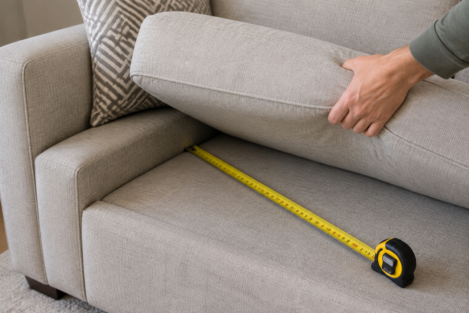 Une main soulevant un coussin de canapé pour mesurer la profondeur d'assise