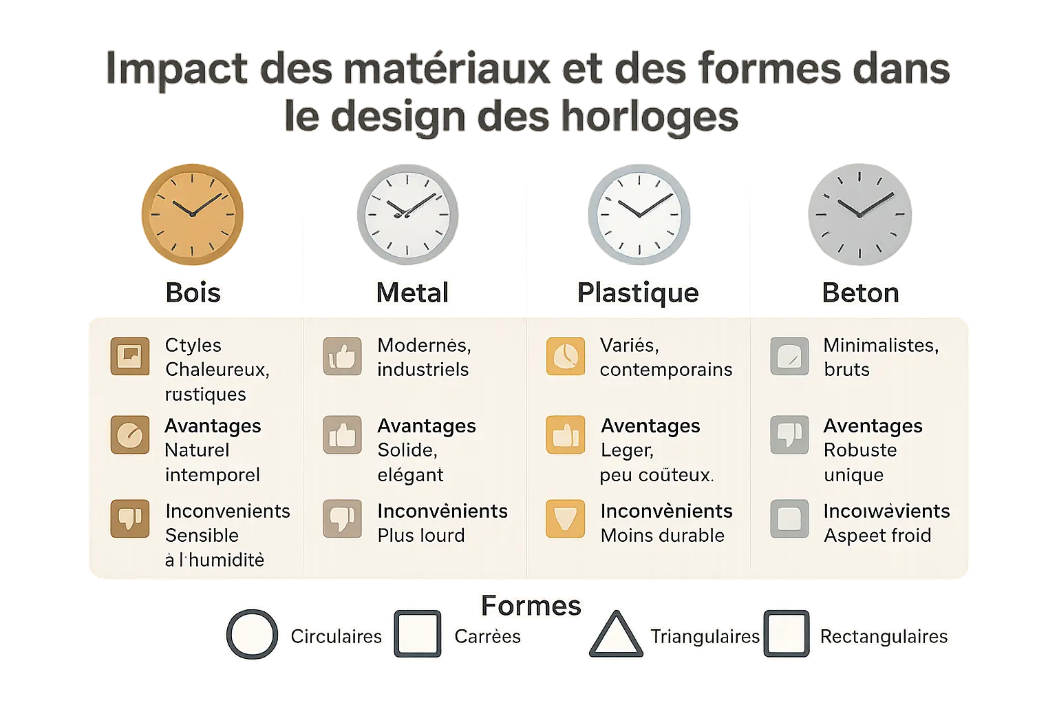 <strong>Comparaison des matériaux et formes en design d'horloges</strong>