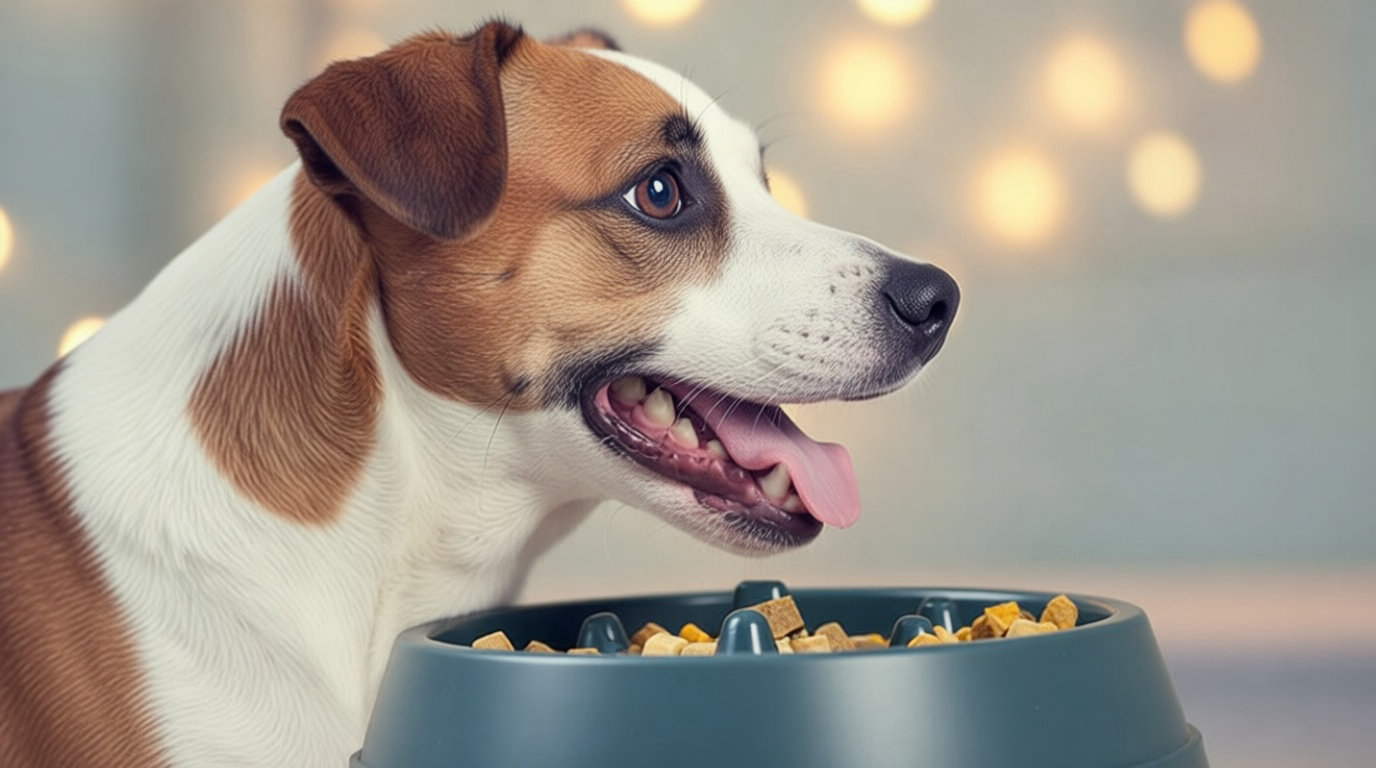 Jack Russell mangeant dans une gamelle anti-glouton