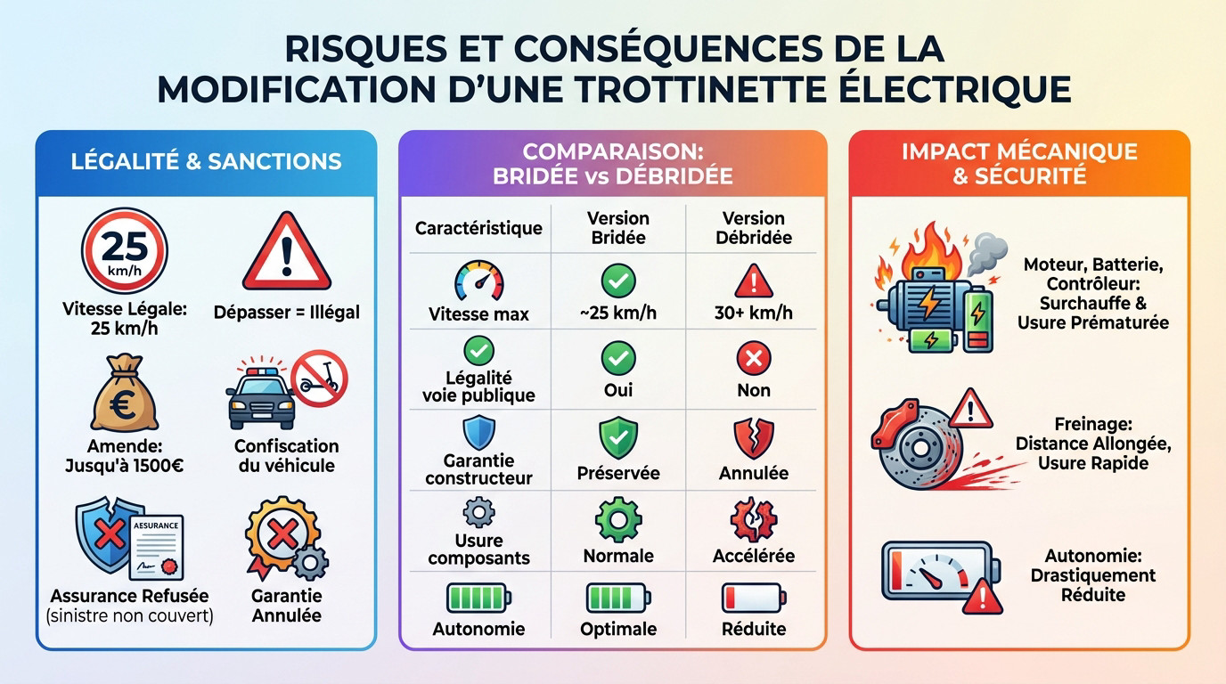Trottinette électrique Ninebot et panneau de limitation de vitesse illustrant les risques du débridage