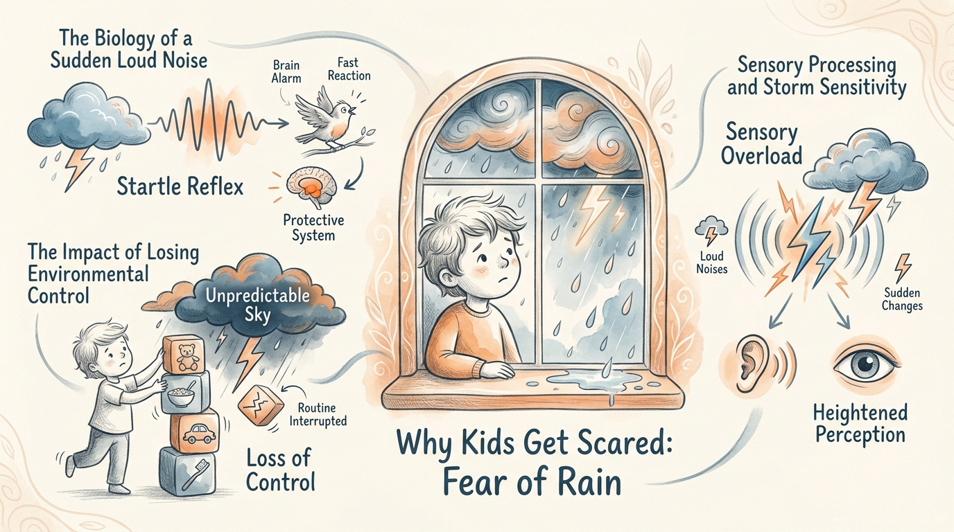 Young child looking worriedly at rain through a window