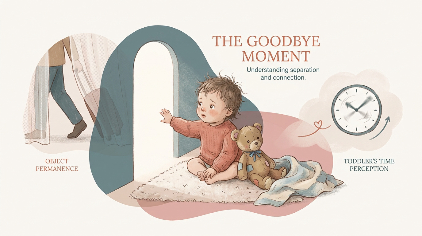 Milo's Brave Morning 1 A parent kneeling to give a toddler a reassuring goodbye hug before school.