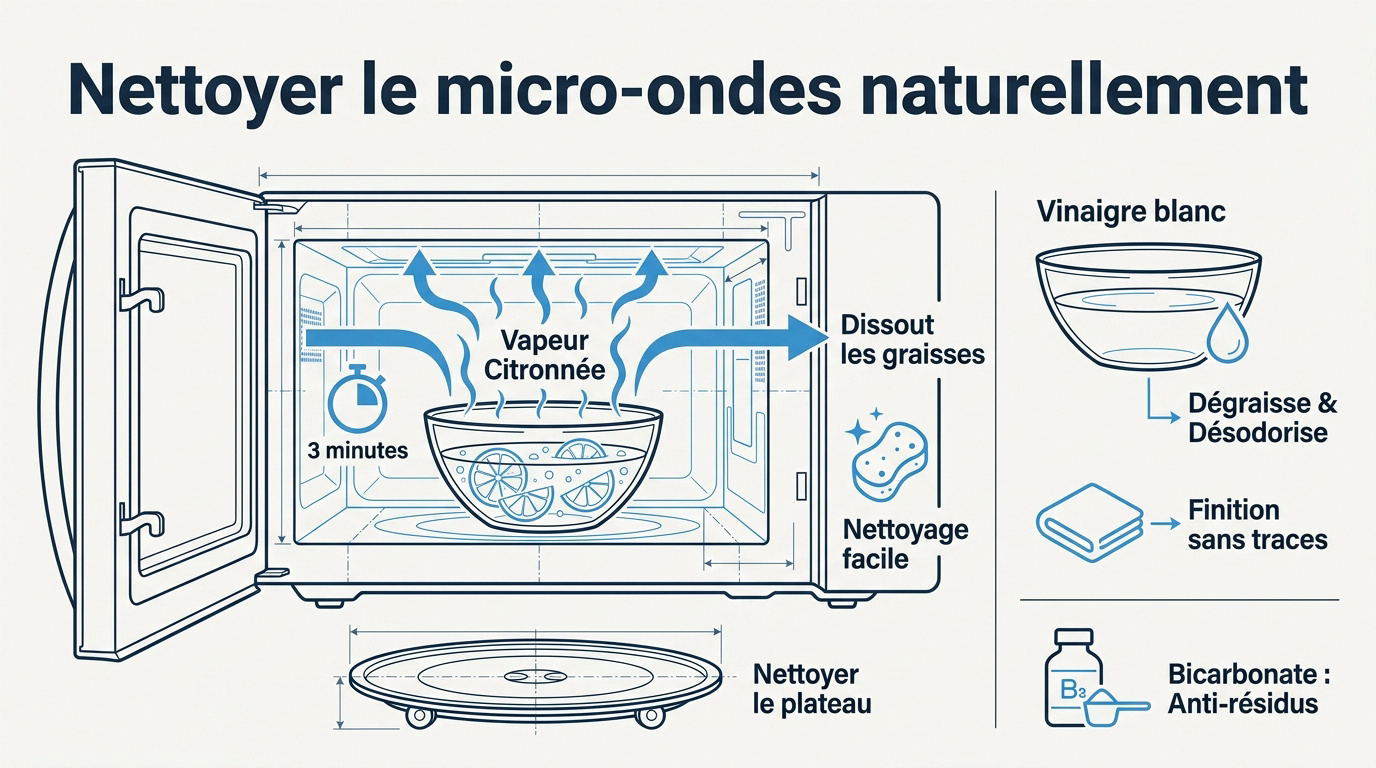 Nettoyage naturel du micro-ondes avec un bol de citron et une éponge