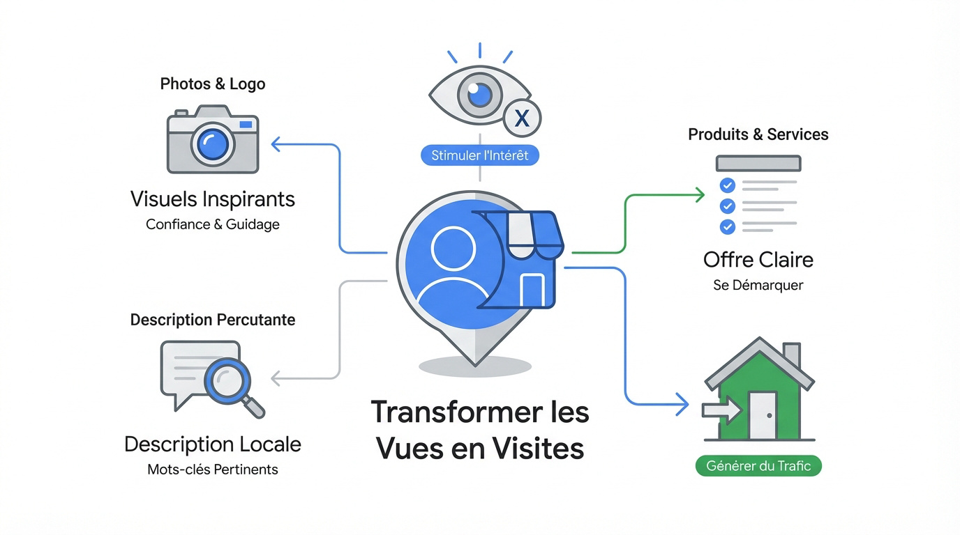 Infographie sur l'optimisation des fiches Google Maps pour convertir les vues en visites clients
