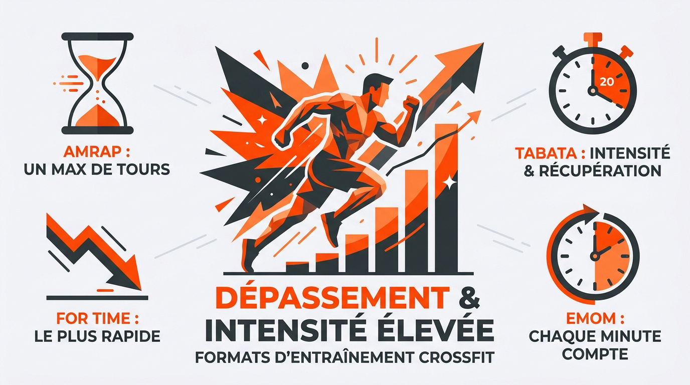 Infographie présentant les différents formats d'entraînement haute intensité en CrossFit comme l'AMRAP et l'EMOM