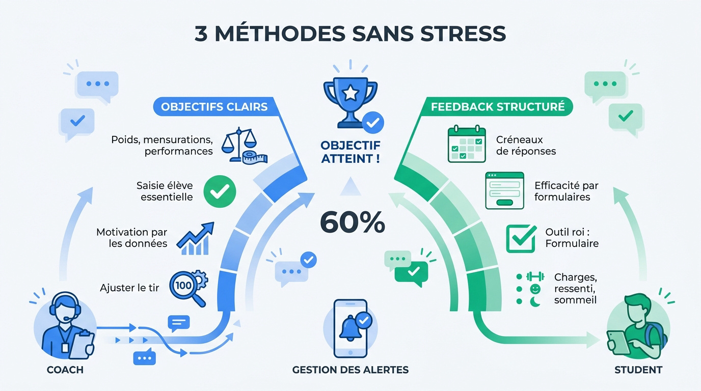 Coach sportif analysant les objectifs et le feedback de son élève à distance