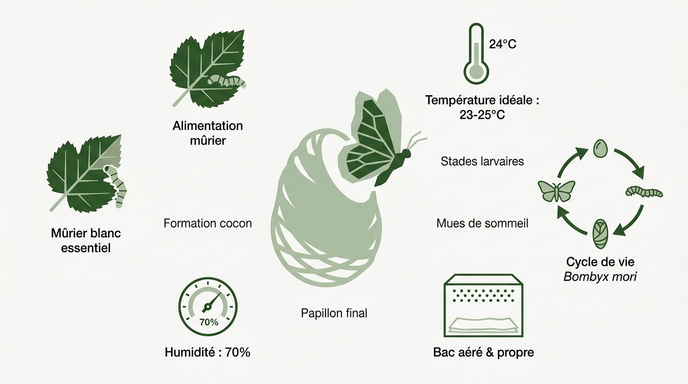 Infographie sur le cycle de vie du ver à soie Bombyx mori