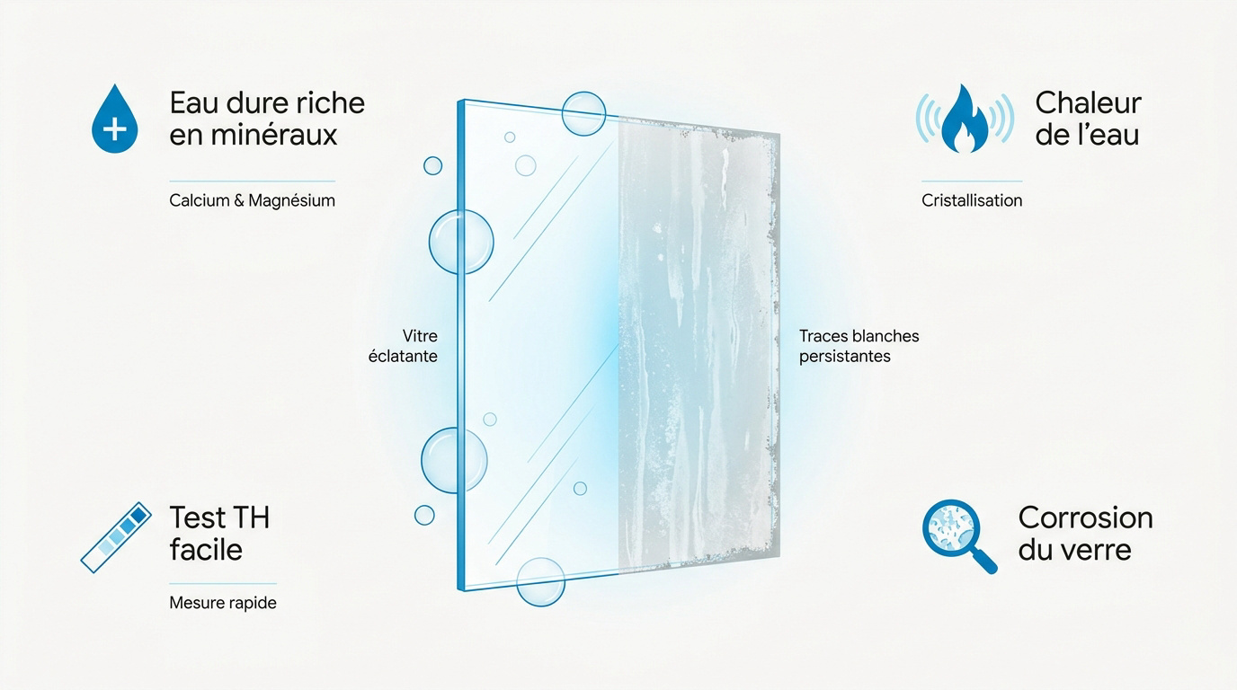Dépôts de tartre et de calcaire sur une paroi de douche en verre transparent