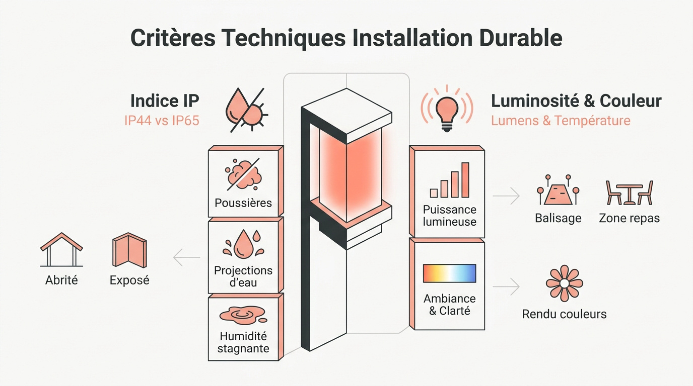 Schéma technique expliquant les indices de protection IP44 et IP65 pour luminaires extérieurs