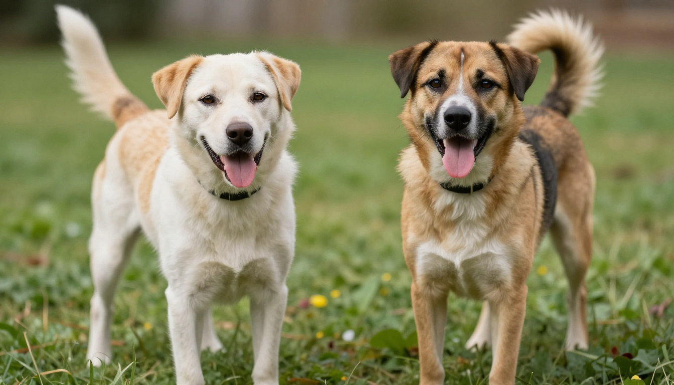 Deux chiens souriants dans l'herbe